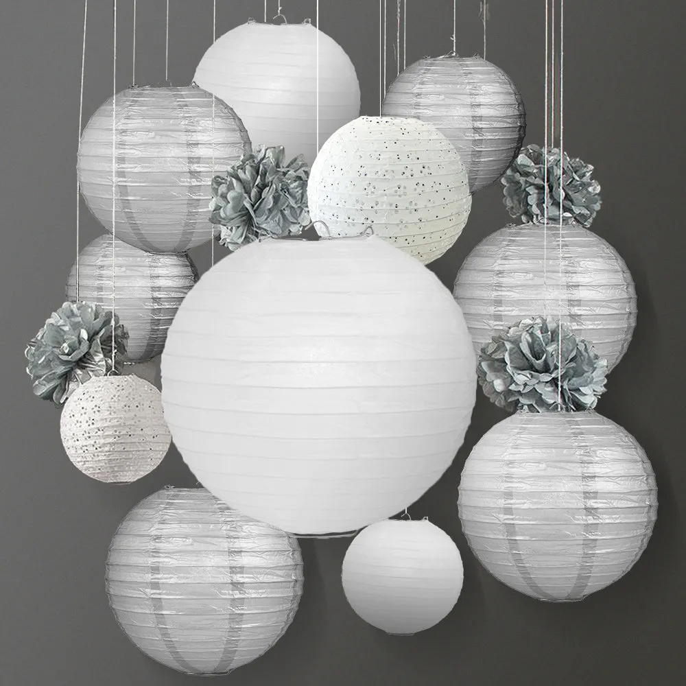 12-pc Silver / White New Year's Eve Celebration Party Pack Paper Lantern Combo Set