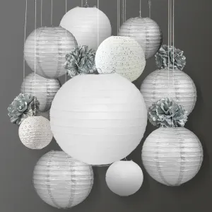 12-pc Silver / White New Year's Eve Celebration Party Pack Paper Lantern Combo Set