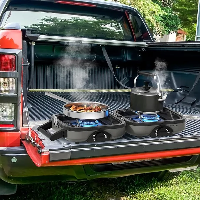 2-Burner Camping Stove Foldable, Portable Propane Camp Stove with 16000 BTU Adjustable Burners and Piezo Ignition, Folding Stove with Carry Bag & Handle for Camping, Tailgating, Backyard BBQ