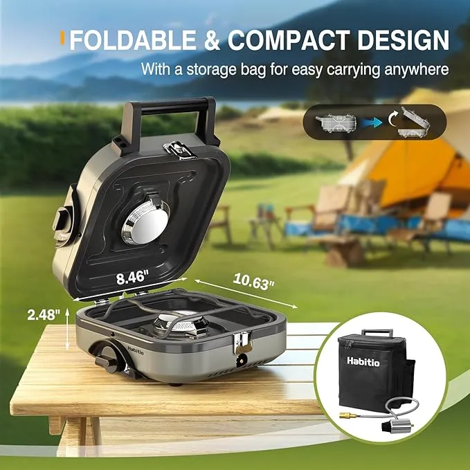 2-Burner Camping Stove Foldable, Portable Propane Camp Stove with 16000 BTU Adjustable Burners and Piezo Ignition, Folding Stove with Carry Bag & Handle for Camping, Tailgating, Backyard BBQ