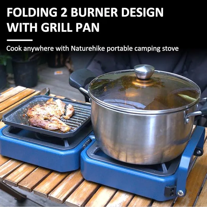 2 Burner Propane Camping Stove with Grill - CloudHand Foldable Camp Stove with 16,000 BTU, Two Adjustable Burners with Piezo Ignition & Easy Carrying Handle (Blue)
