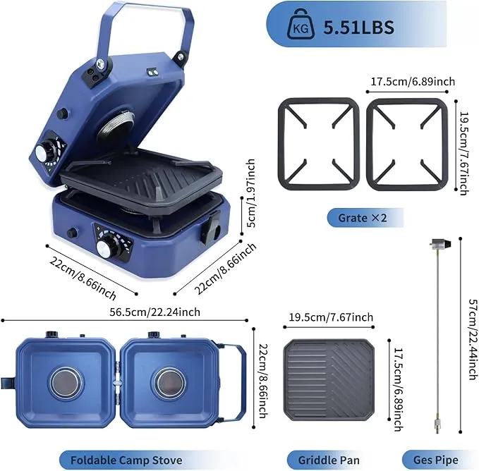 2 Burner Propane Camping Stove with Grill - CloudHand Foldable Camp Stove with 16,000 BTU, Two Adjustable Burners with Piezo Ignition & Easy Carrying Handle (Blue)