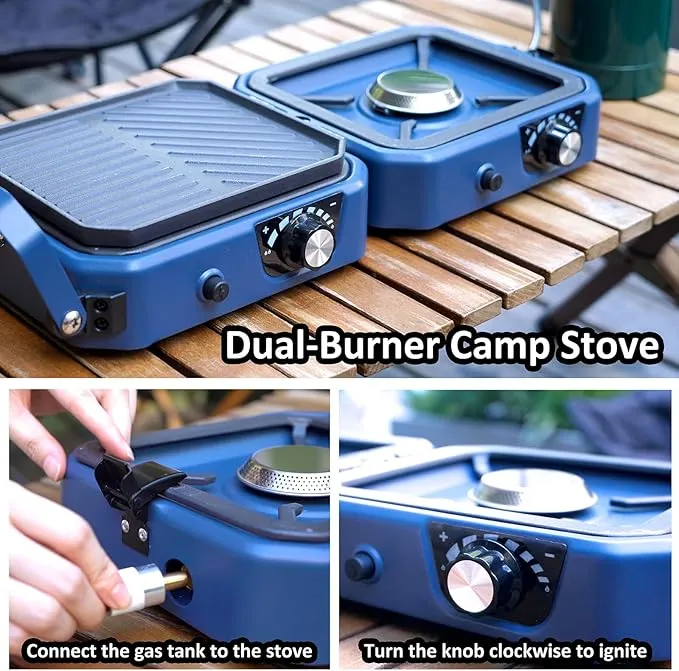 2 Burner Propane Camping Stove with Grill - CloudHand Foldable Camp Stove with 16,000 BTU, Two Adjustable Burners with Piezo Ignition & Easy Carrying Handle (Blue)