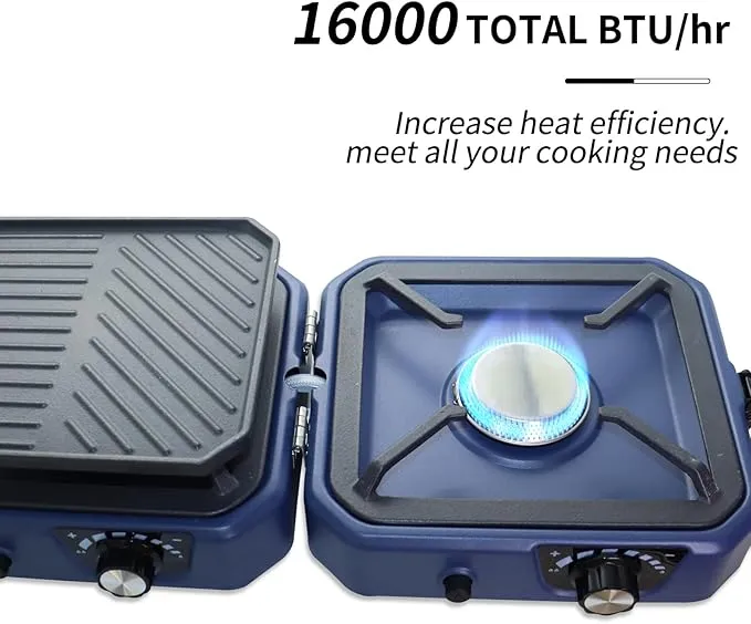 2 Burner Propane Camping Stove with Grill - CloudHand Foldable Camp Stove with 16,000 BTU, Two Adjustable Burners with Piezo Ignition & Easy Carrying Handle (Blue)
