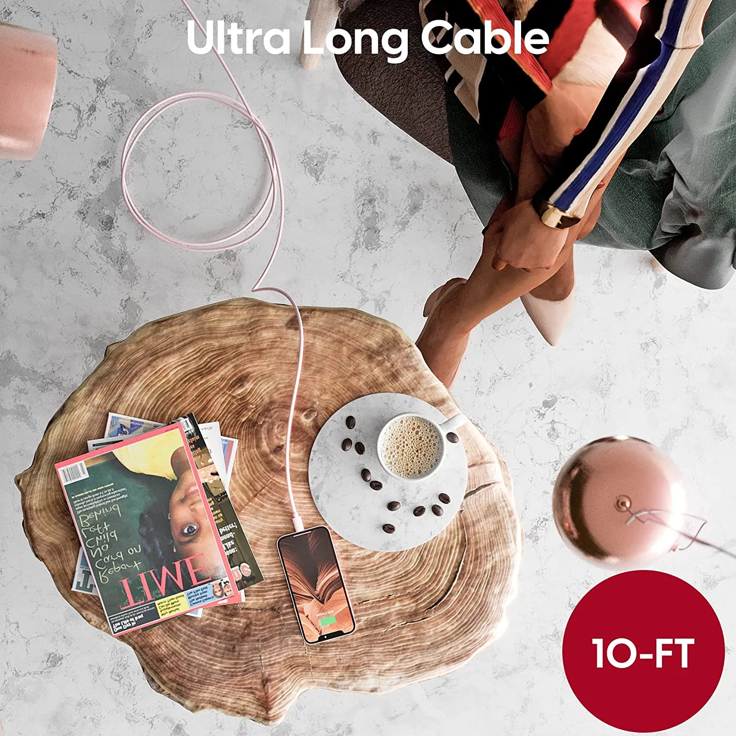 6ft and 10ft Long USB Cables , Pink Wire Power Wire Charger Cord - AWZ14