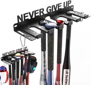 Baseball Bat Holder Wall Mount, Baseball Bat Storage Rack, Holds 10 Bats on Wooden or Concrete Wall, Metal Bat Hanger with Fully Wrapped Rubber Mat, Hardware Included.