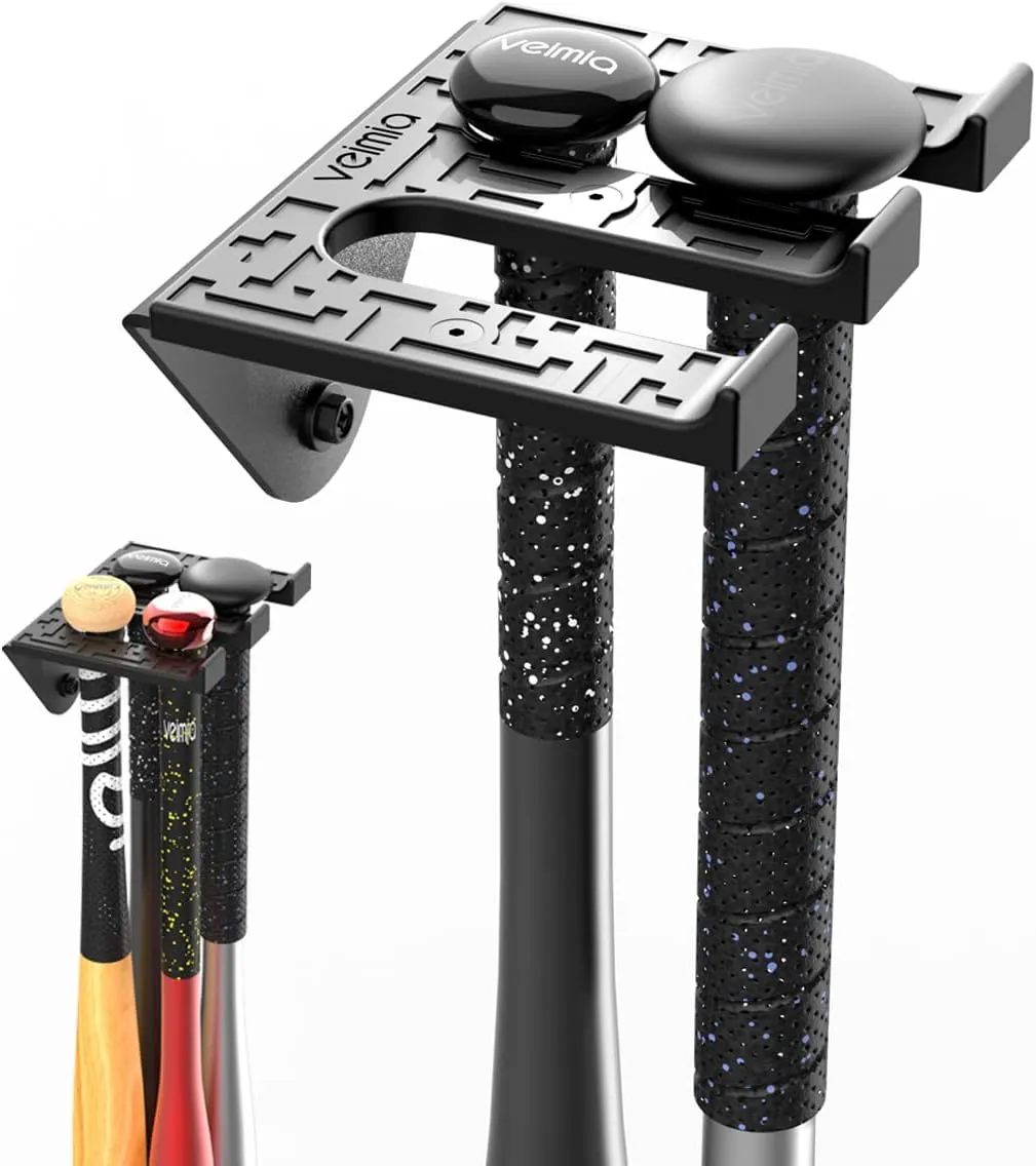 Baseball Bat Holder Wall Mount, Baseball Bat Storage Rack, Holds 4 Bats on Wooden or Concrete Wall, Metal Bat Hanger with Fully Wrapped Rubber Mat, Hardware Included