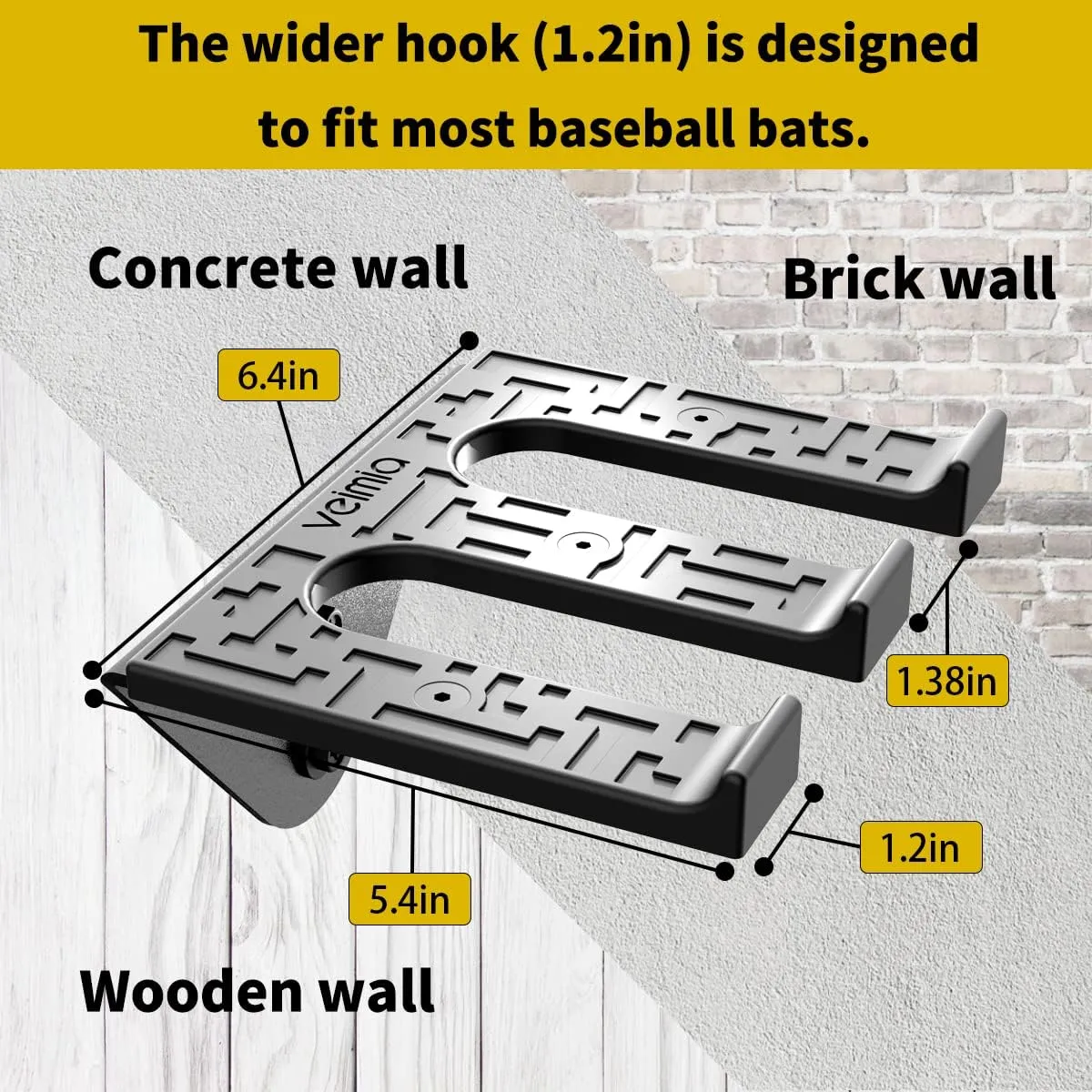 Baseball Bat Holder Wall Mount, Baseball Bat Storage Rack, Holds 4 Bats on Wooden or Concrete Wall, Metal Bat Hanger with Fully Wrapped Rubber Mat, Hardware Included