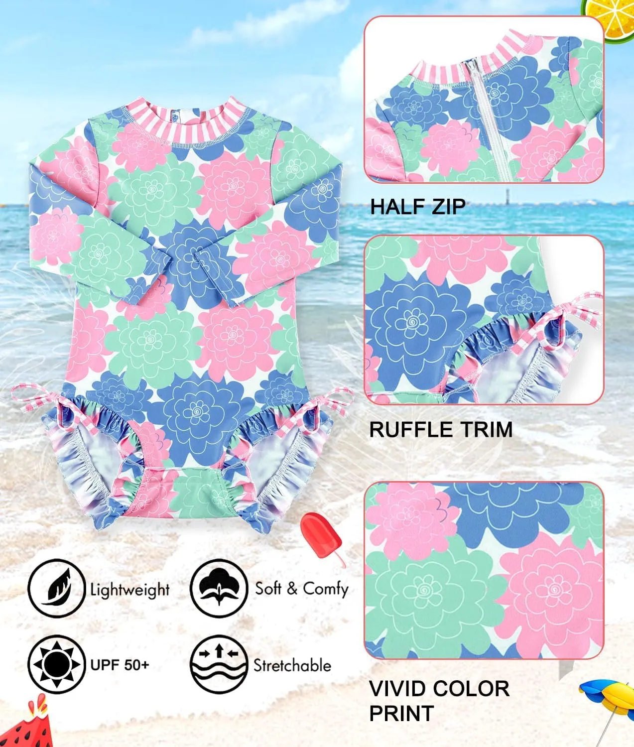BesserBay Baby Girl's UPF 50  Sun Protection Swimsuit One Piece 3/4 Sleeve Rash Guard 0-36 Months