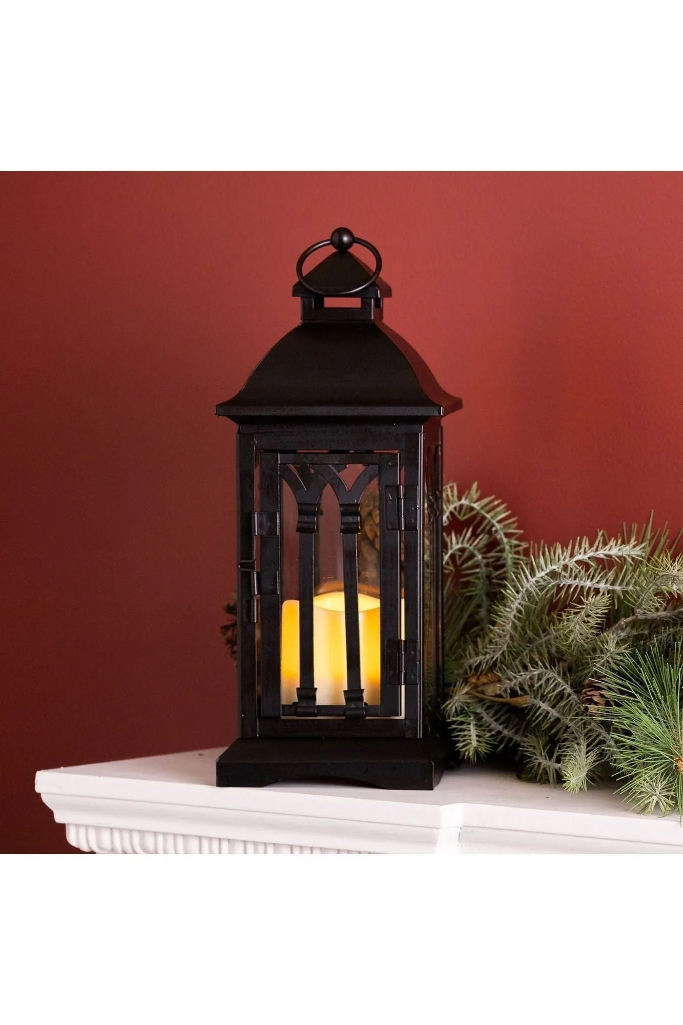 Black Arch Patterned Lantern with LED Candle (Set of 2)