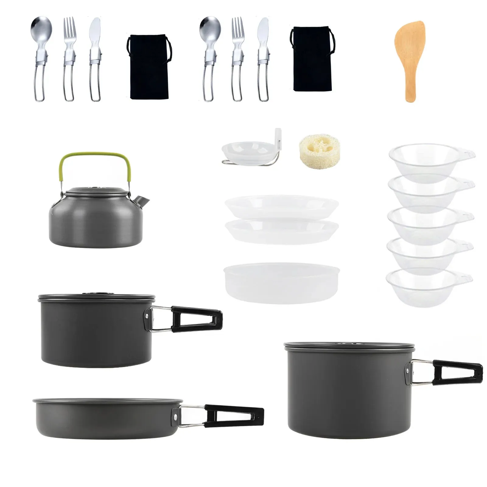 Camping Cookware Mess Kit Non-Stick Pot Frying Pan Teapot Set with Kettle Rice Shovel Fork Spoon and Kinfe for Camping Hiking