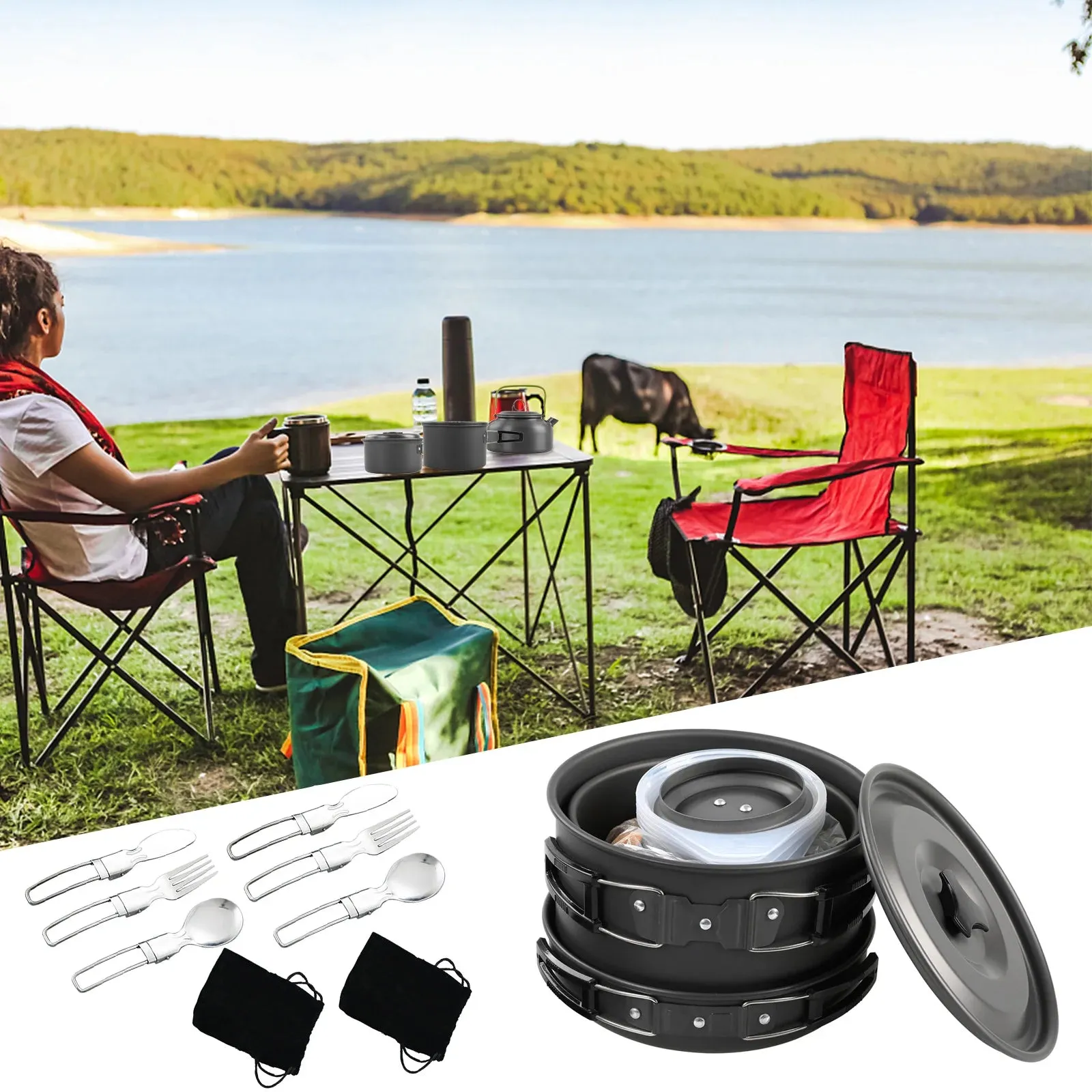 Camping Cookware Mess Kit Non-Stick Pot Frying Pan Teapot Set with Kettle Rice Shovel Fork Spoon and Kinfe for Camping Hiking