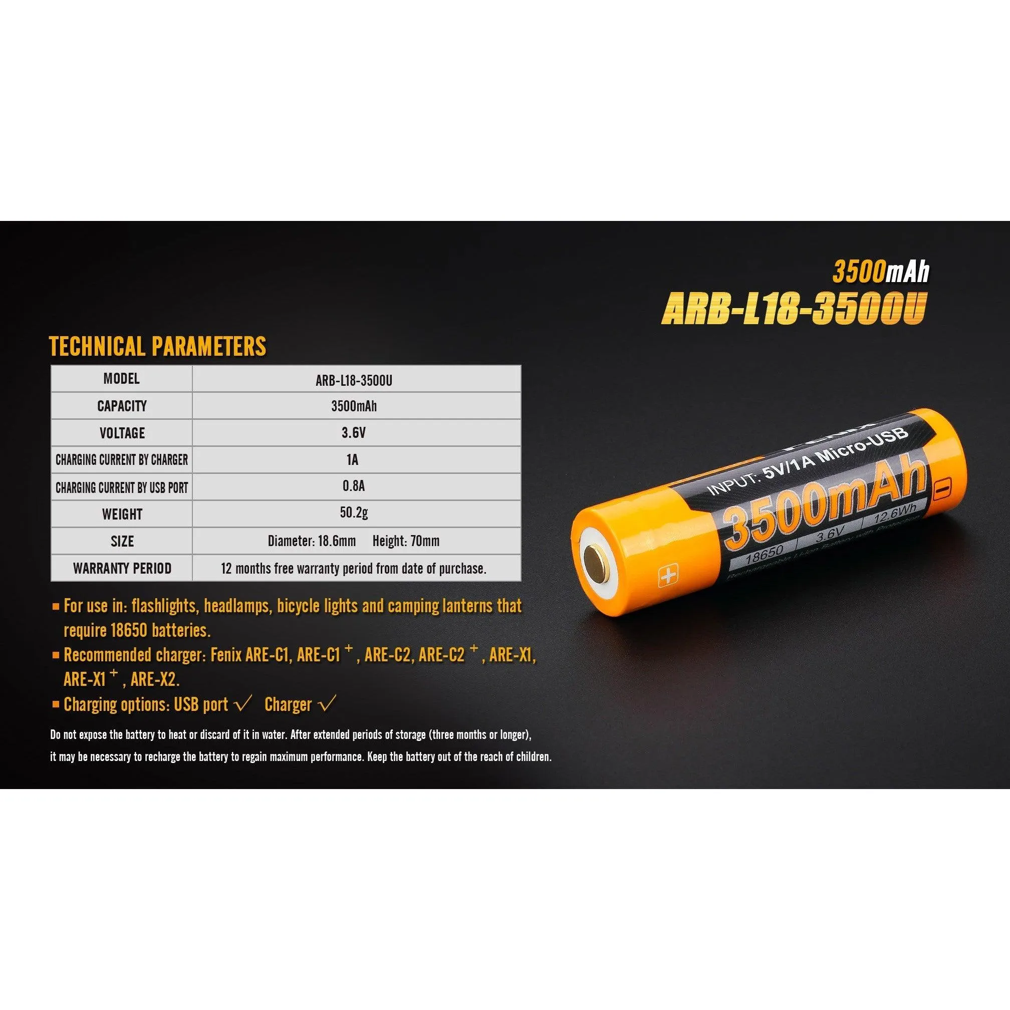 Charging battery USB Fenix 18650 3500mAh (Li-ion)