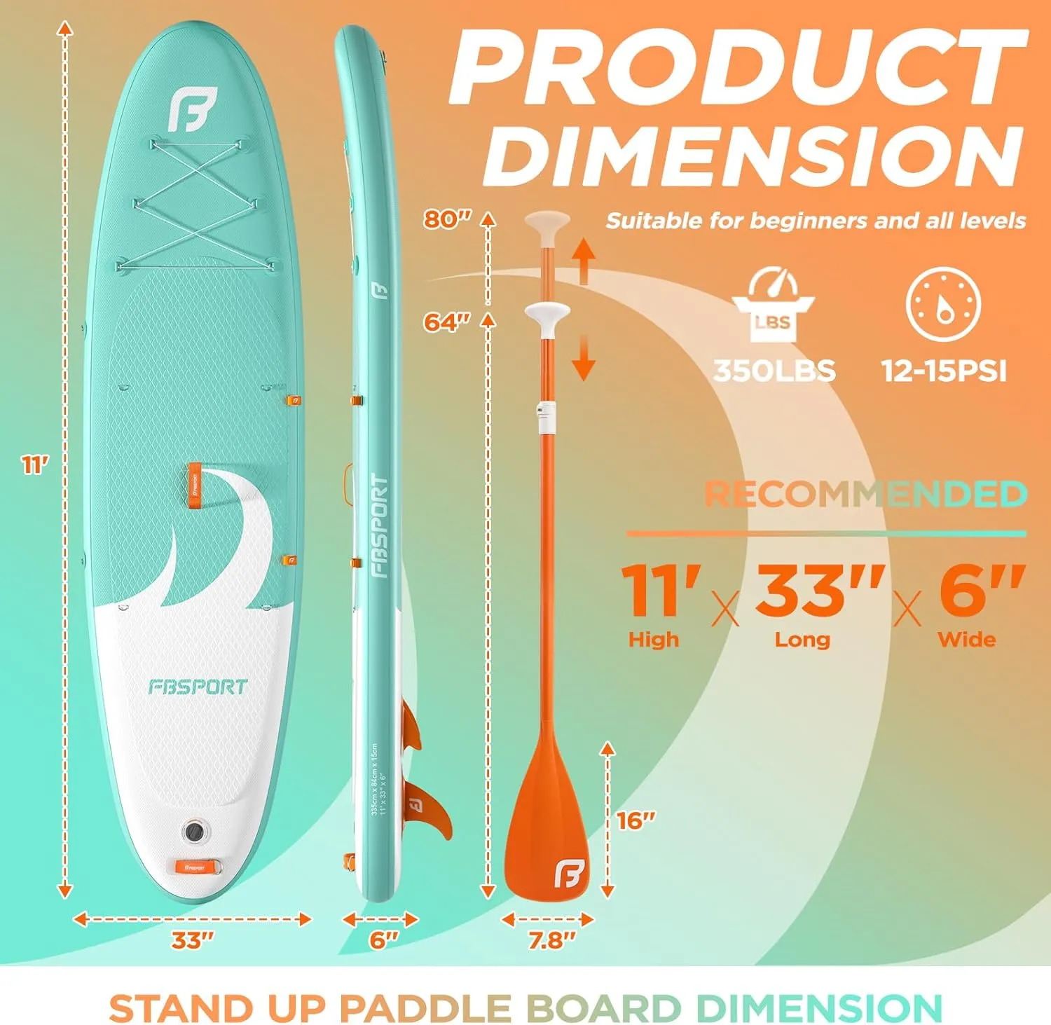FBSPORT 11' Premium Stand Up Paddle Board, Yoga Board with SUP Accessories & Carry Bag | Wide Stance, Surf Control, Non-Slip Deck, Leash, Paddle and Pump for Youth & Adult