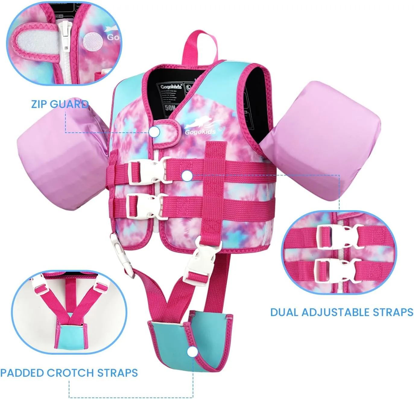 Gogokids Toddler Floaties, Kids Swim Vest with Removable Floats and Duel Adjustable Safety Strap for 20-50 lbs Girls and Boys, Toddler Learn to Swim Floatation Jackets