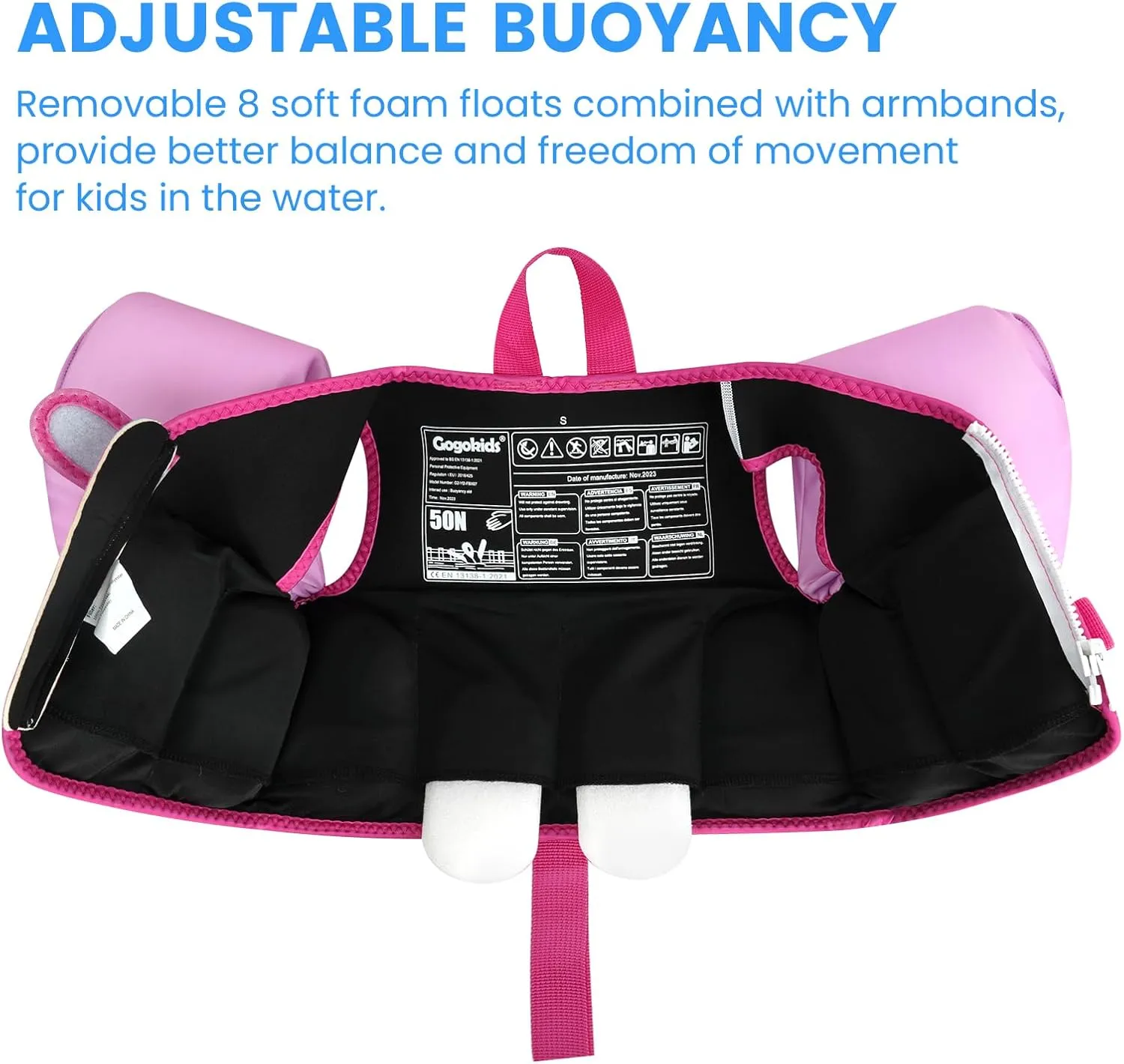 Gogokids Toddler Floaties, Kids Swim Vest with Removable Floats and Duel Adjustable Safety Strap for 20-50 lbs Girls and Boys, Toddler Learn to Swim Floatation Jackets
