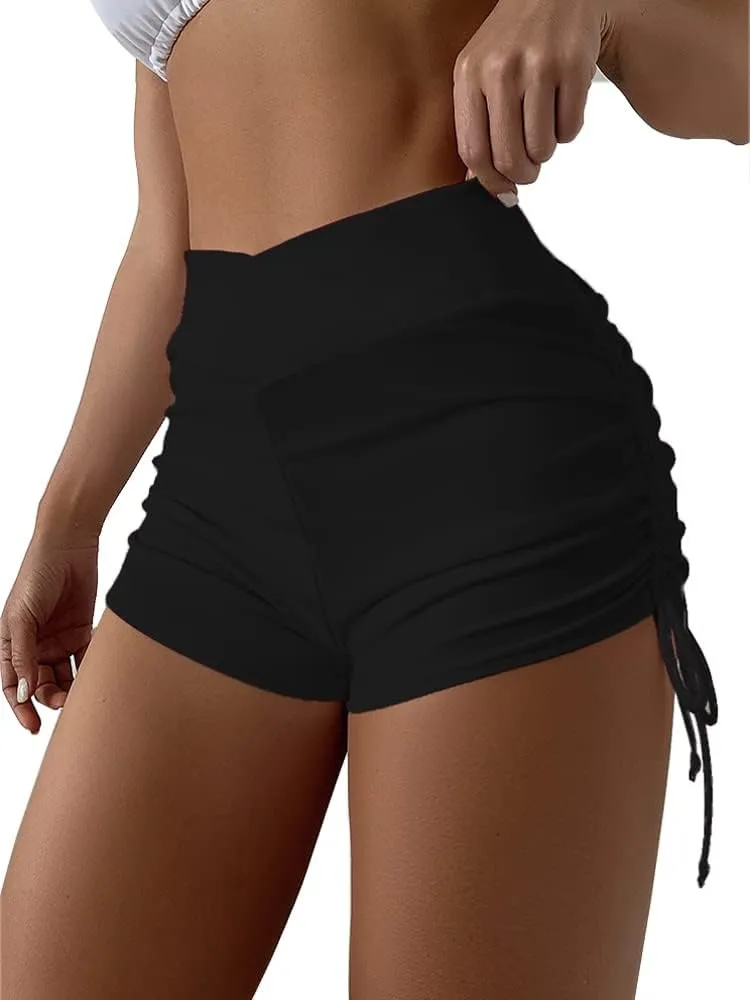 HYTENSUN Women's High Waisted V Cut Swim Shorts Ruched Board Shorts Tie Side Swimsuit Bottoms