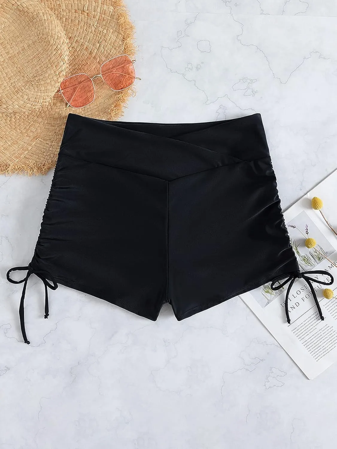 HYTENSUN Women's High Waisted V Cut Swim Shorts Ruched Board Shorts Tie Side Swimsuit Bottoms