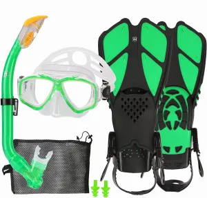 Kids Mask Fins Snorkel Set Snorkeling Packages, with Diving Mask, Snorkel, Adjustable Swim Fins, Mesh Bag, Anti-Fog Anti-Leak Snorkeling Gear for Kids for Snorkeling Swimming Diving