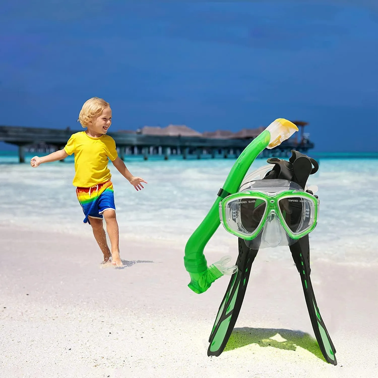 Kids Mask Fins Snorkel Set Snorkeling Packages, with Diving Mask, Snorkel, Adjustable Swim Fins, Mesh Bag, Anti-Fog Anti-Leak Snorkeling Gear for Kids for Snorkeling Swimming Diving