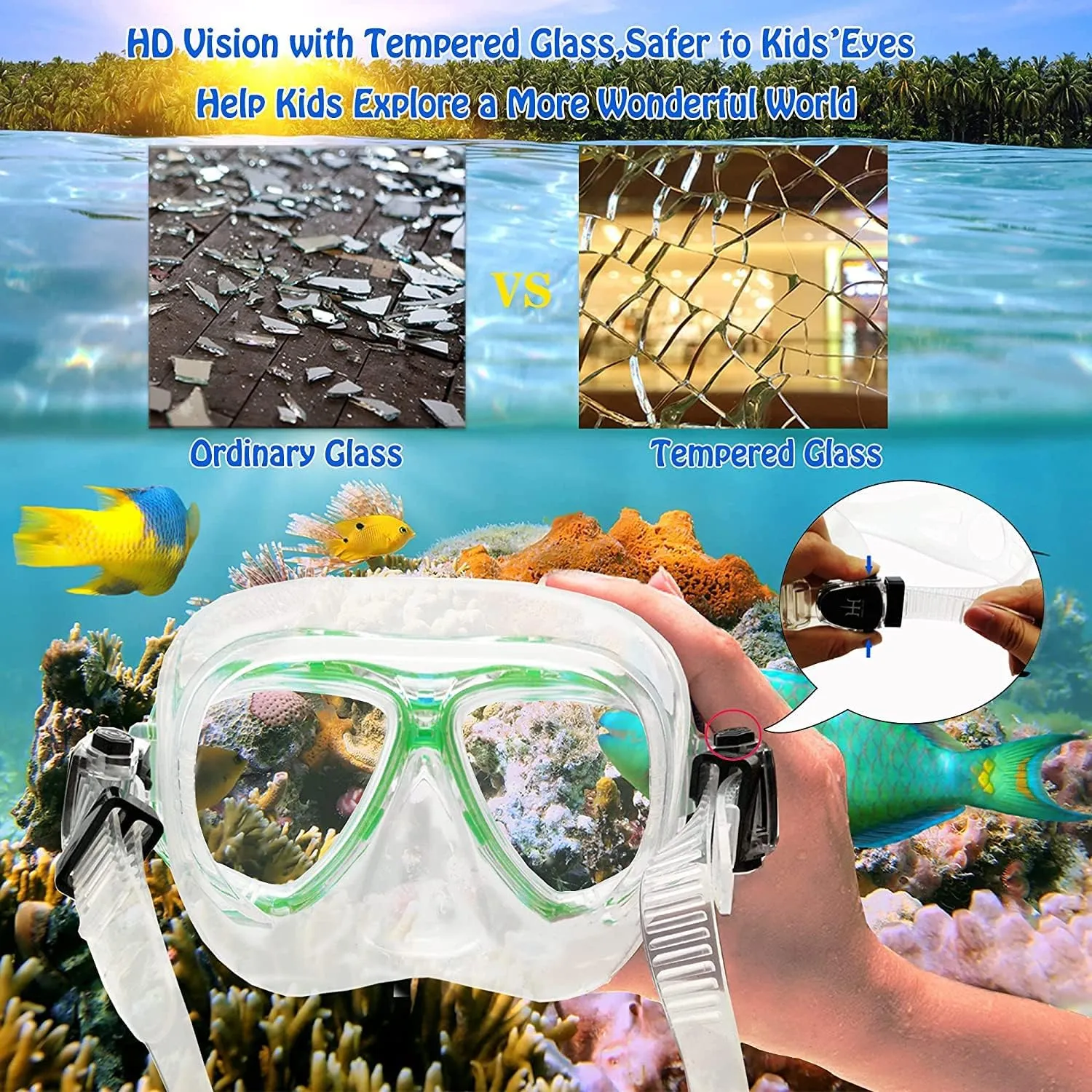 Kids Mask Fins Snorkel Set Snorkeling Packages, with Diving Mask, Snorkel, Adjustable Swim Fins, Mesh Bag, Anti-Fog Anti-Leak Snorkeling Gear for Kids for Snorkeling Swimming Diving