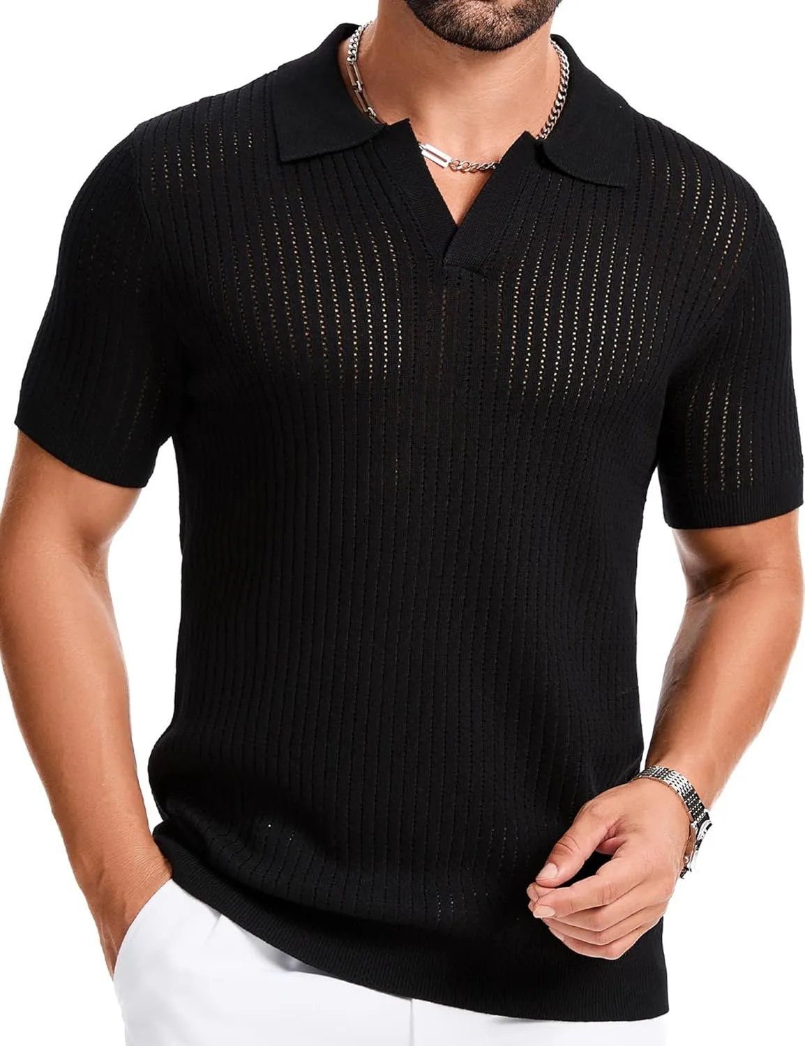 Mens Polo Shirts Ribbed Hollow Knit Polo Shirt Short Sleeve Muscle V Neck Golf Tees
