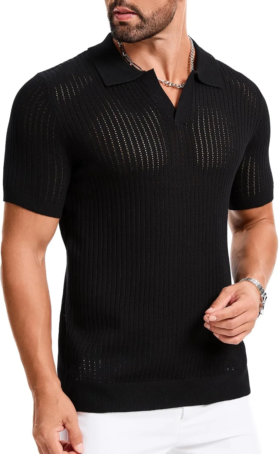 Mens Polo Shirts Ribbed Hollow Knit Polo Shirt Short Sleeve Muscle V Neck Golf Tees