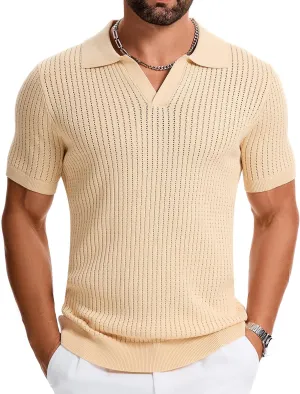 Mens Polo Shirts Ribbed Hollow Knit Polo Shirt Short Sleeve Muscle V Neck Golf Tees