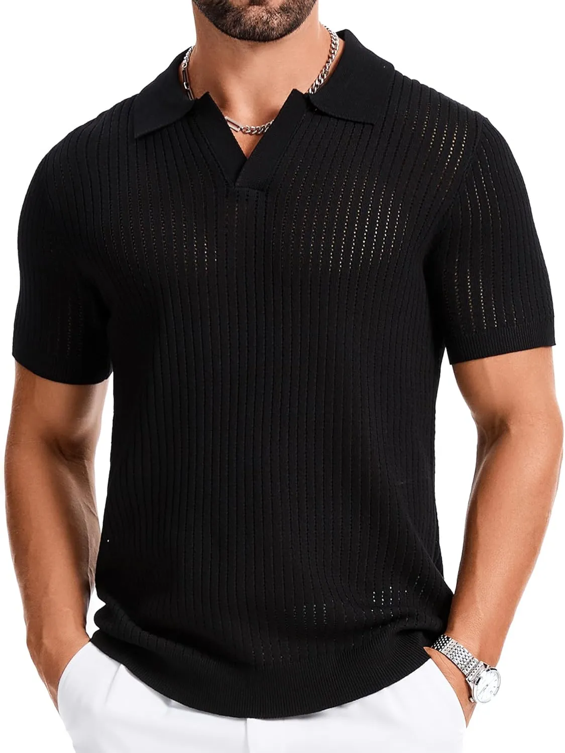 Mens Polo Shirts Ribbed Hollow Knit Polo Shirt Short Sleeve Muscle V Neck Golf Tees