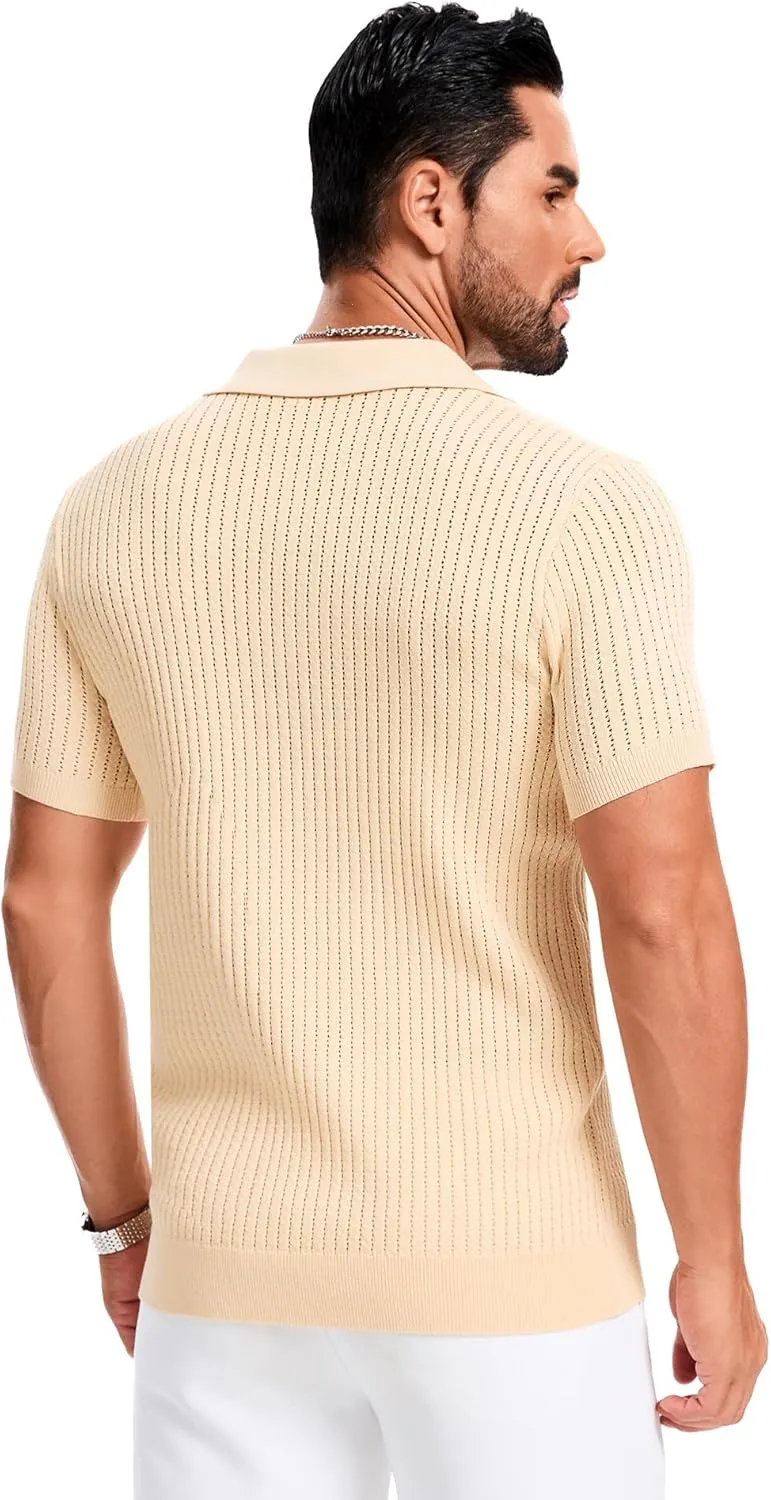Mens Polo Shirts Ribbed Hollow Knit Polo Shirt Short Sleeve Muscle V Neck Golf Tees