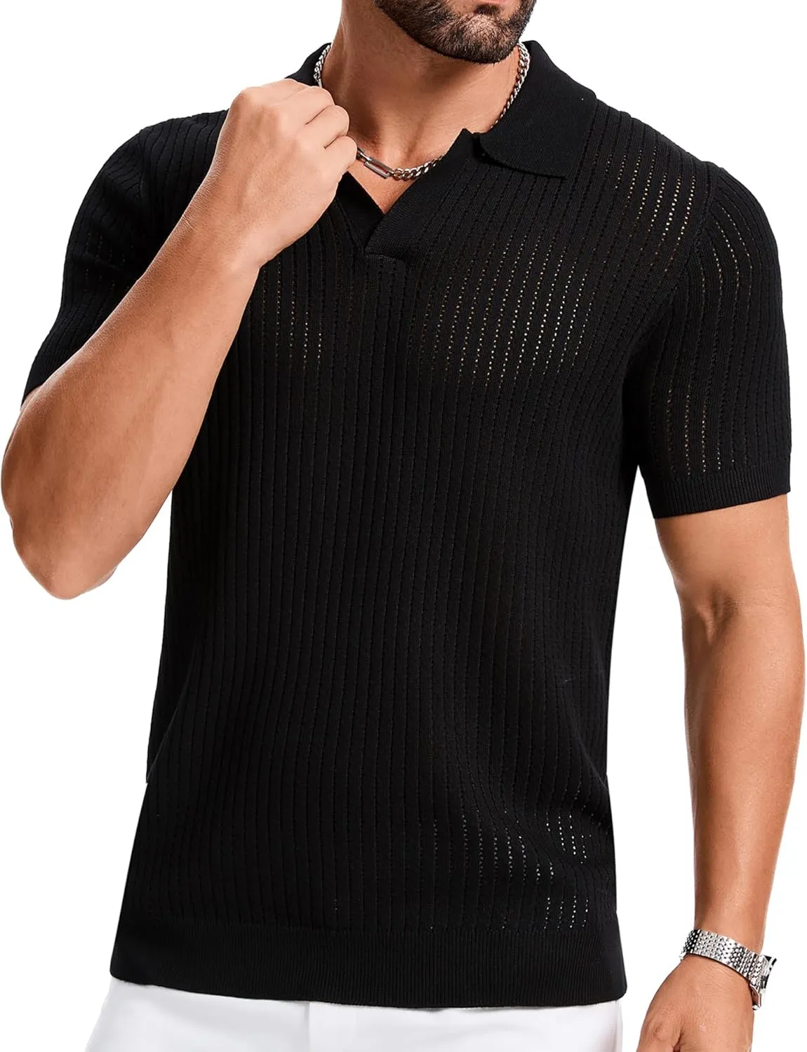 Mens Polo Shirts Ribbed Hollow Knit Polo Shirt Short Sleeve Muscle V Neck Golf Tees