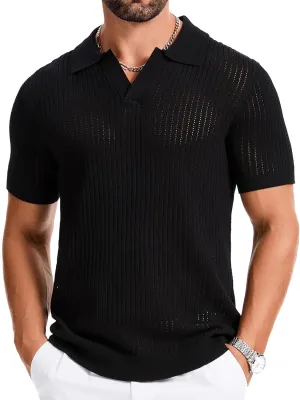 Mens Polo Shirts Ribbed Hollow Knit Polo Shirt Short Sleeve Muscle V Neck Golf Tees