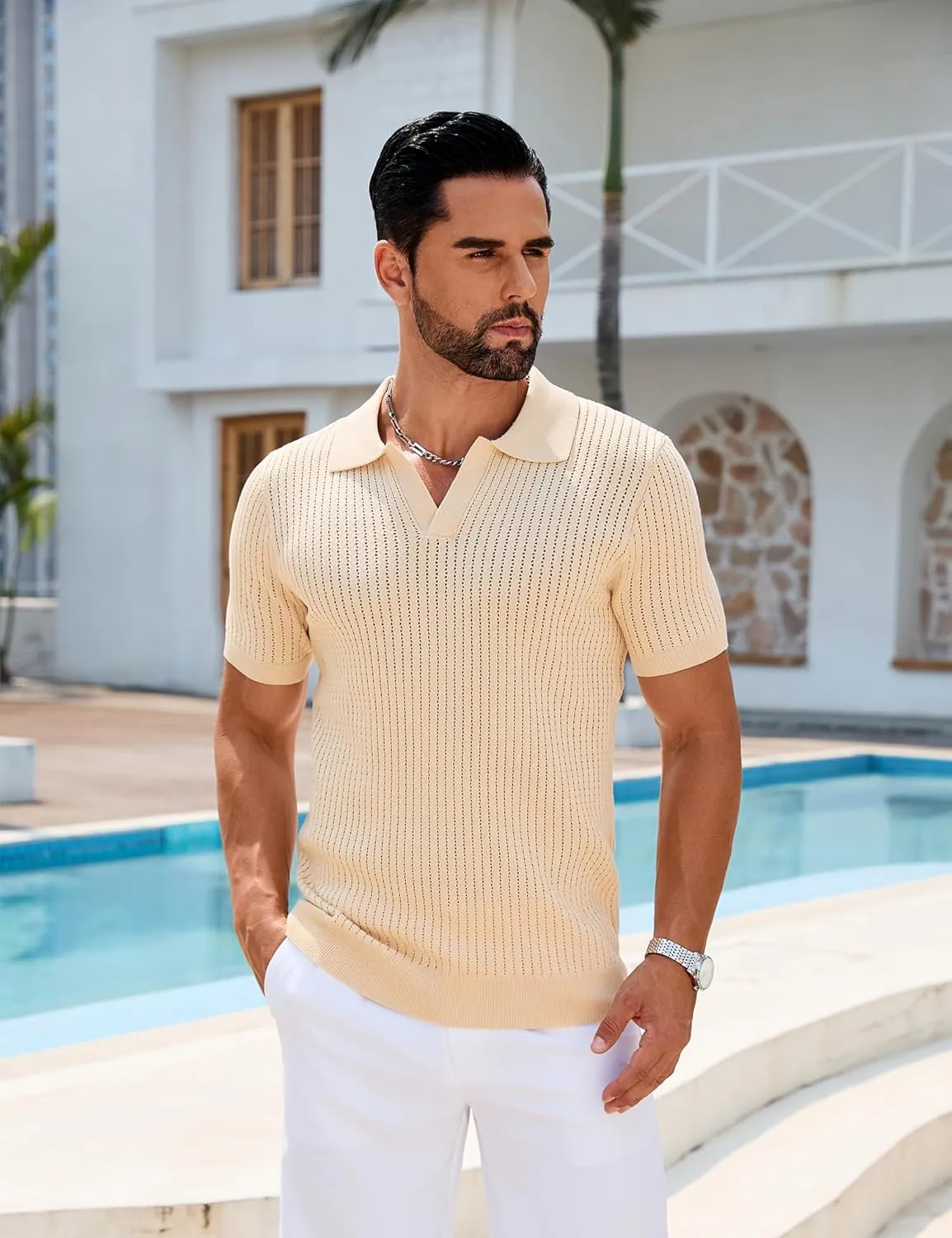 Mens Polo Shirts Ribbed Hollow Knit Polo Shirt Short Sleeve Muscle V Neck Golf Tees
