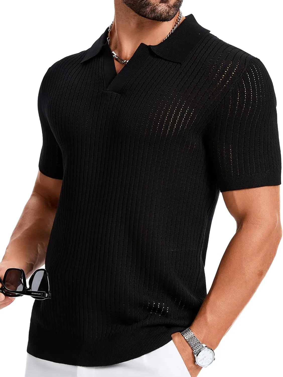 Mens Polo Shirts Ribbed Hollow Knit Polo Shirt Short Sleeve Muscle V Neck Golf Tees