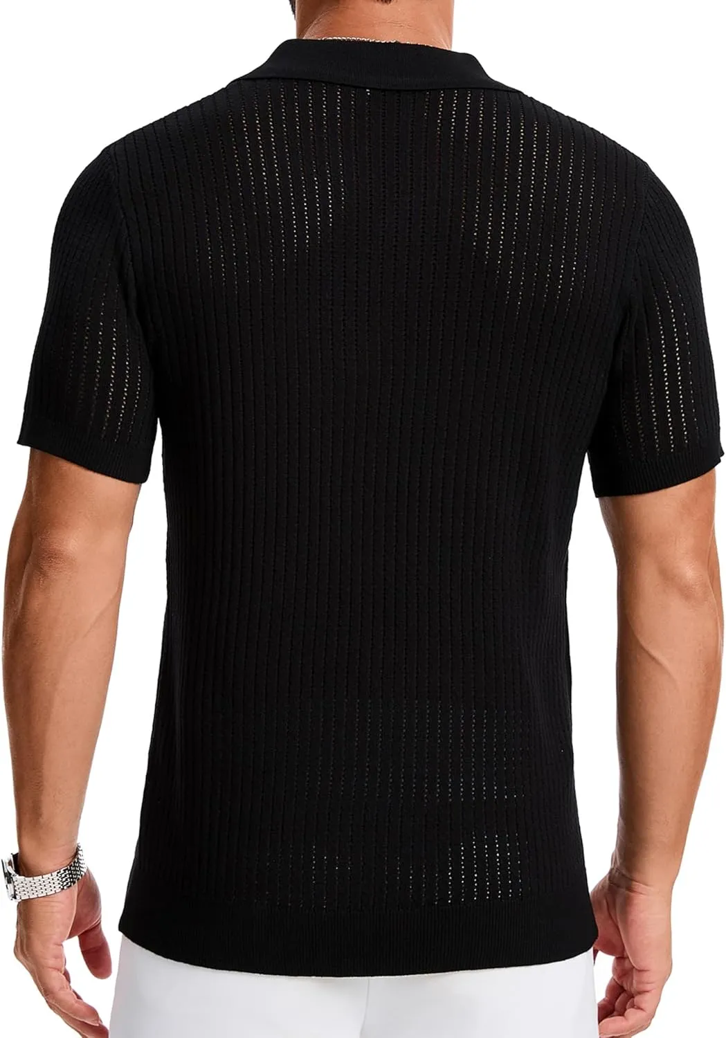 Mens Polo Shirts Ribbed Hollow Knit Polo Shirt Short Sleeve Muscle V Neck Golf Tees