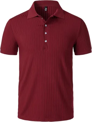 Men's Stretch Knit Slim Fit Polo Shirts Casual Short Sleeve Ribbed Collar Muscle Golf Shirt