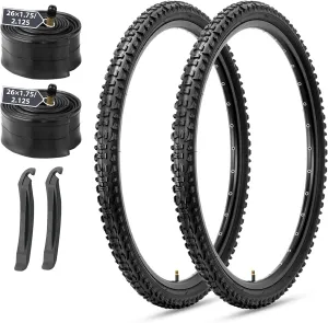 MOHEGIA Mountain Bike Tires Set: 2-Pack 20/24/26x1.95 Inch Puncture-Resistant Folding Replacement Bicycle Tires and Pair Inner Tubes with Tire Levers for MTB Off-Road Bike