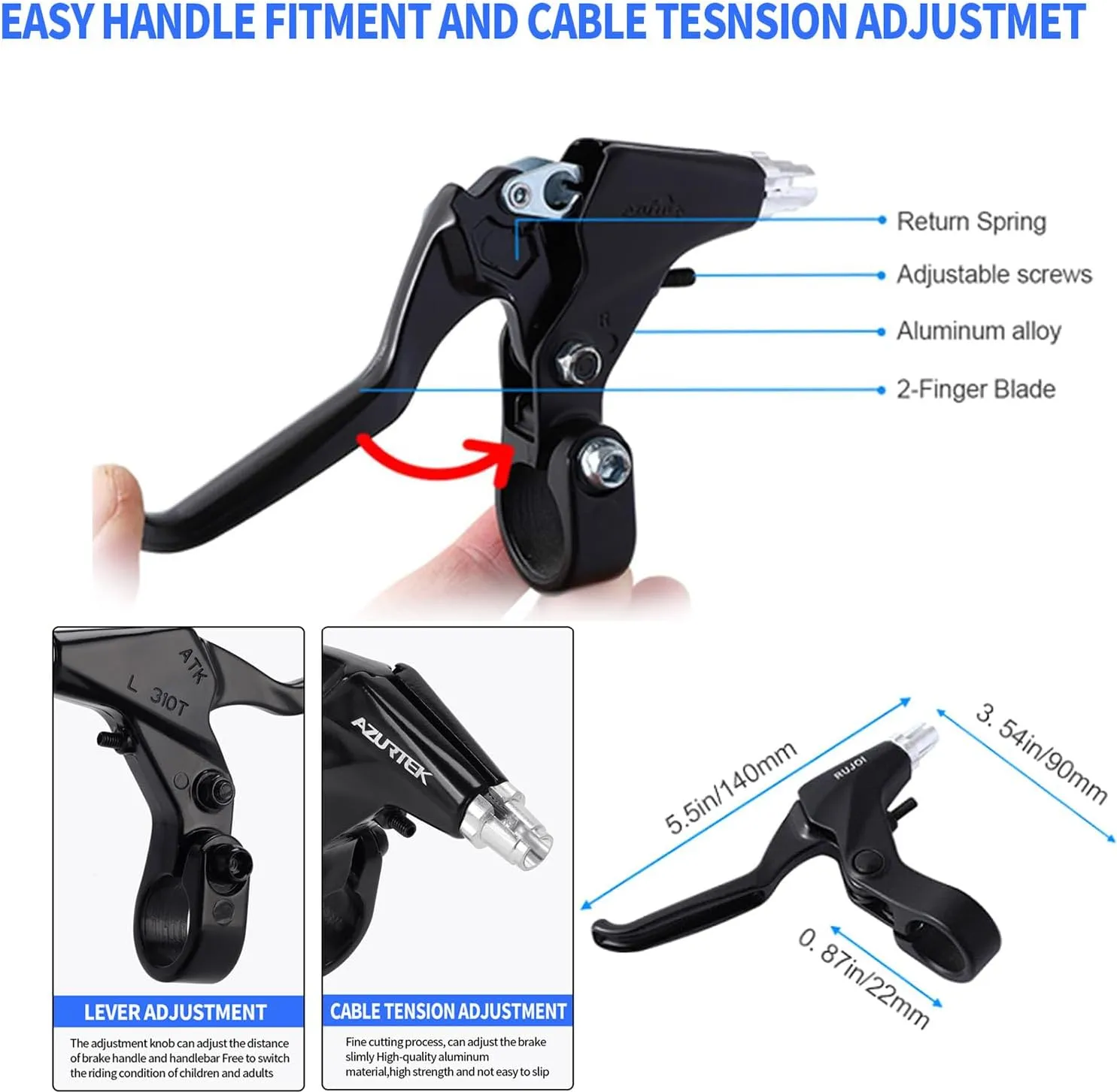 RUJOI Bike Brake Lever Set,1 Pair Aluminum Alloy Bicycle Brake Handle with 2 Set Bike Brake Cable Wire and Housing for Mountain Bike,MTB, Road Bike, Folding Bike, 2.2cm Diameter