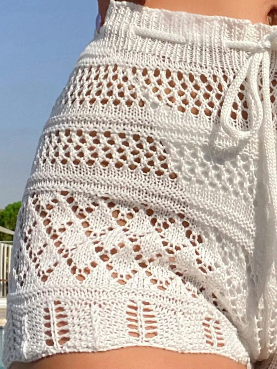 SHENHE Women's Crochet Cover Up Shorts Hollow Out Tie Front Sheer Beach Shorts Coverups