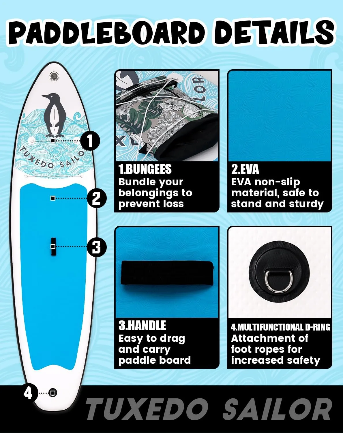Tuxedo Sailor 10'6"33"6" Inflatable Stand Up Paddle Board with Premium SUP Accessories,Paddle Boards for Adults & Youth of All Skill Levels