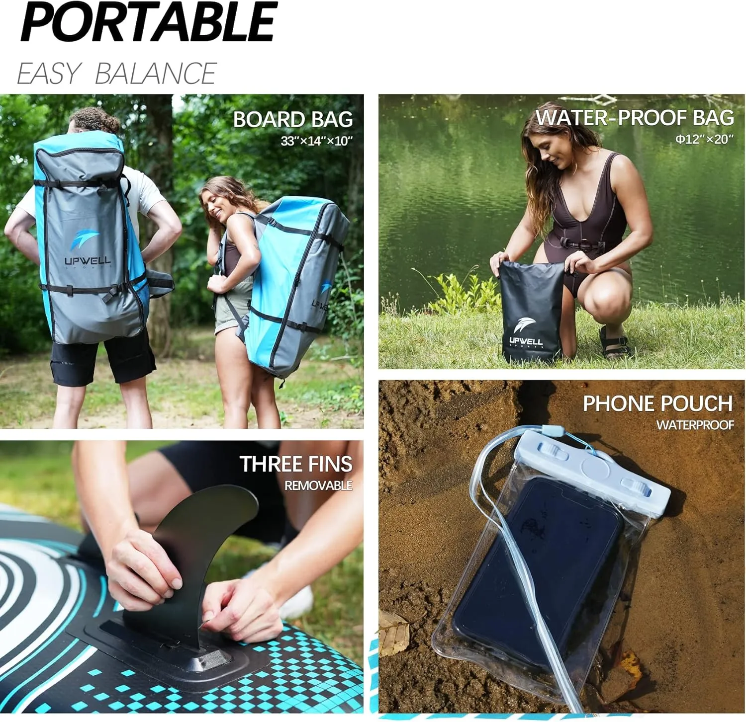 UPWELL 11'2/11'/10'8/10'6/10'2 Inflatable Stand Up Paddle Board with sup Accessories Including Backpack, Repairing Kits, Non-Slip Deck, Leash, 3 Fins, Paddle and Hand Pump