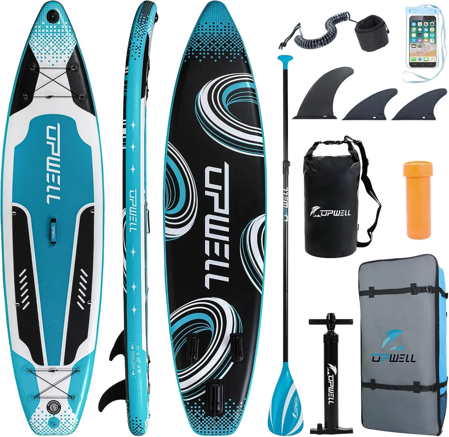 UPWELL 11'2/11'/10'8/10'6/10'2 Inflatable Stand Up Paddle Board with sup Accessories Including Backpack, Repairing Kits, Non-Slip Deck, Leash, 3 Fins, Paddle and Hand Pump