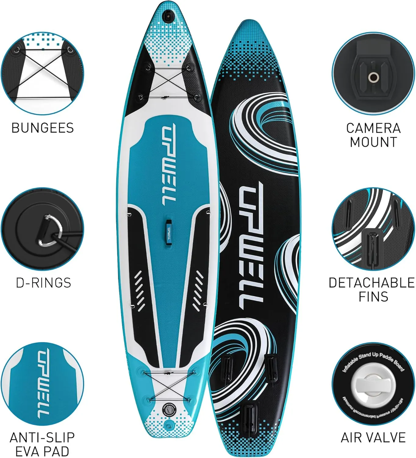 UPWELL 11'2/11'/10'8/10'6/10'2 Inflatable Stand Up Paddle Board with sup Accessories Including Backpack, Repairing Kits, Non-Slip Deck, Leash, 3 Fins, Paddle and Hand Pump