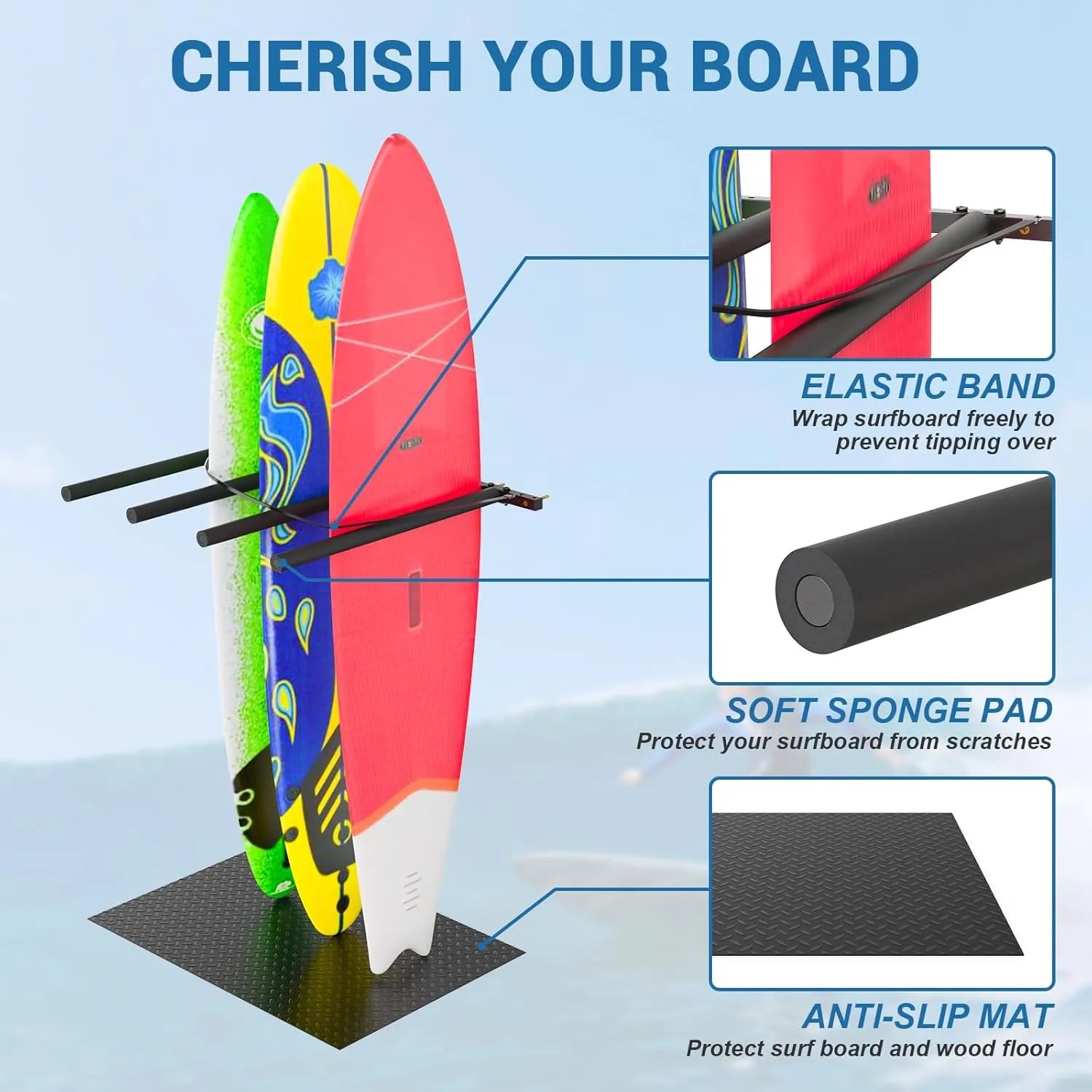 Vertical Surfboard Rack for Wall, Surfboard Wall Mount with Bungee Cord and Rubber Mat, 4/6 Arms Metal Garage Surfboard Stand Wall Decor for Surf Board, SUP Paddle Board, Wakeboard, Snowboard