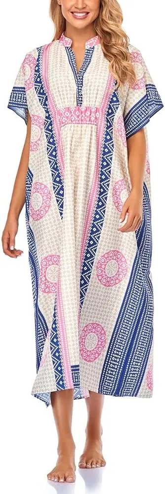 Women V-Neck Bikini Cover Up Ethnic Print Casual Dress Long Caftan Loungewear