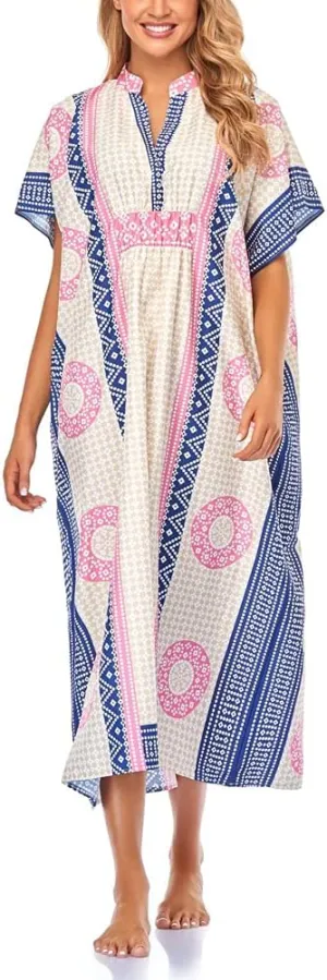Women V-Neck Bikini Cover Up Ethnic Print Casual Dress Long Caftan Loungewear