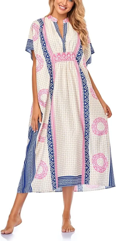 Women V-Neck Bikini Cover Up Ethnic Print Casual Dress Long Caftan Loungewear