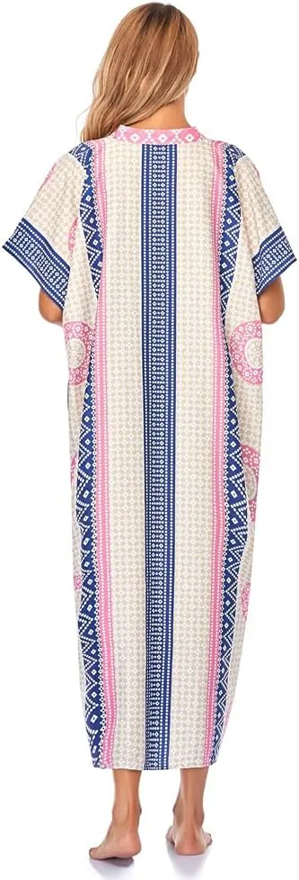 Women V-Neck Bikini Cover Up Ethnic Print Casual Dress Long Caftan Loungewear