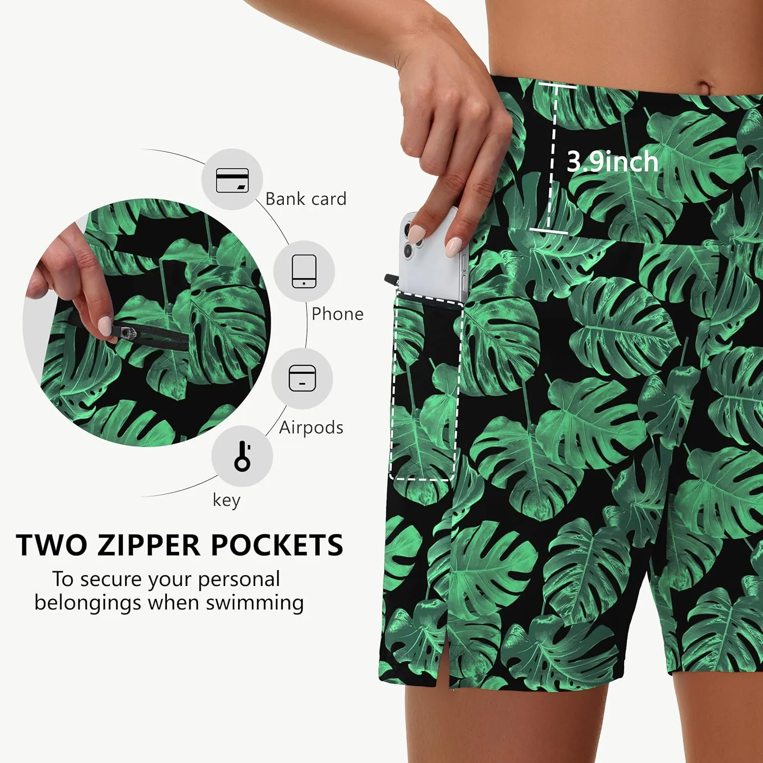 Women's 5" Swim Shorts - Tummy Control High Waisted Loose Fitting with Zipper Pocket Liner Quick Dry Bottom UPF50 