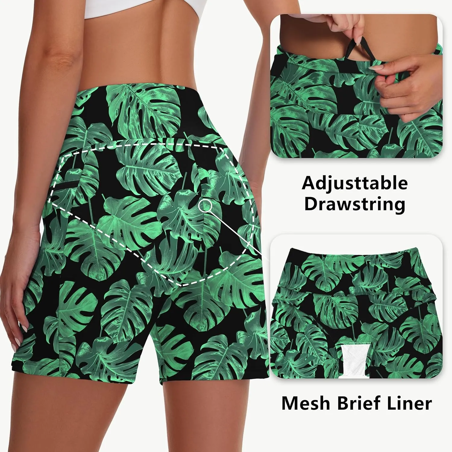 Women's 5" Swim Shorts - Tummy Control High Waisted Loose Fitting with Zipper Pocket Liner Quick Dry Bottom UPF50 